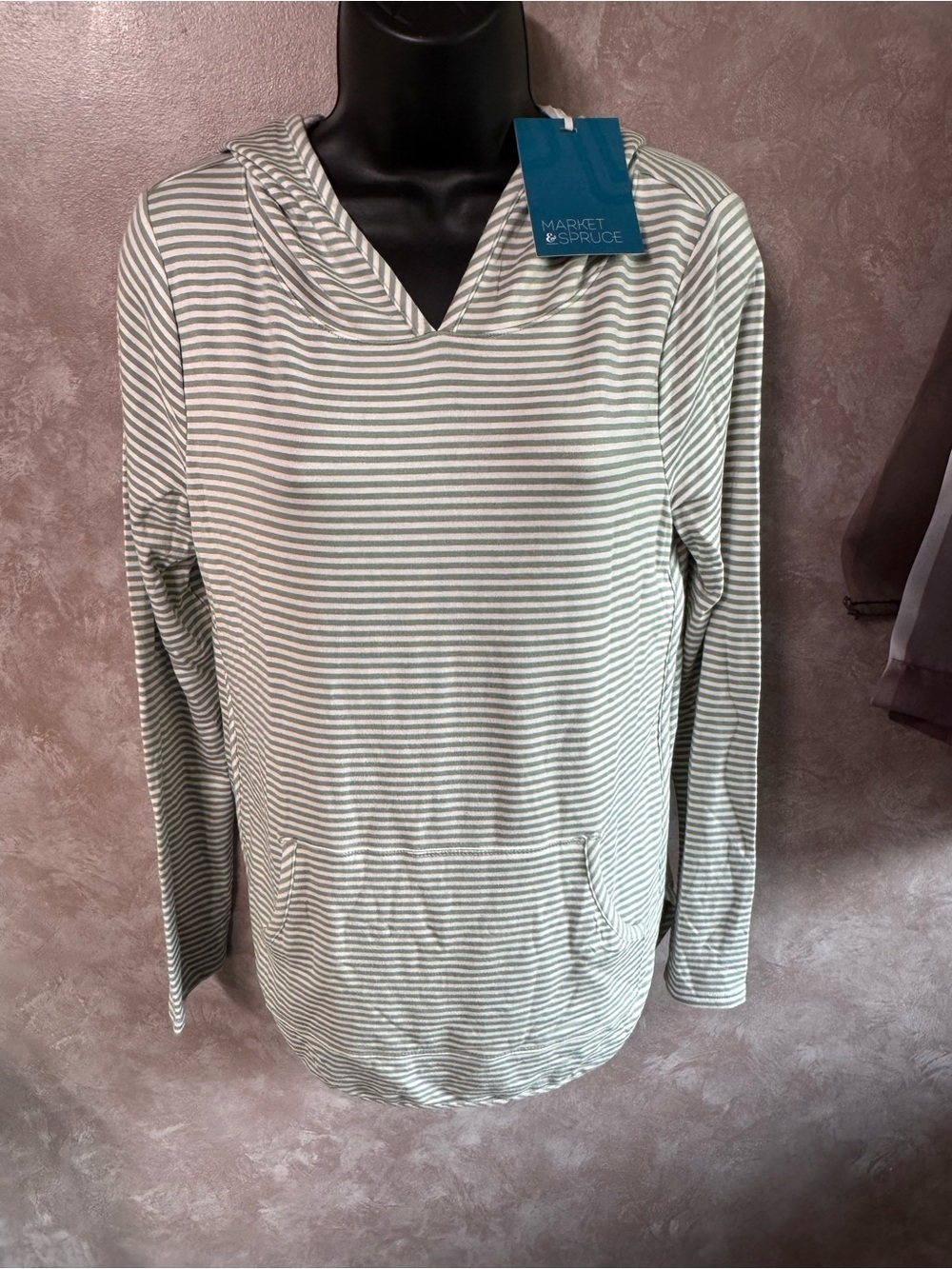 Market & Spruce White and Light Green Striped Hooded Long Sleeve Top